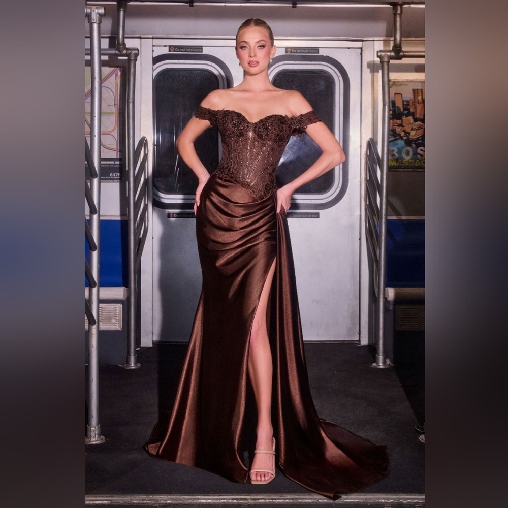 Elegant Off-Shoulder Espresso Evening Gown CD803